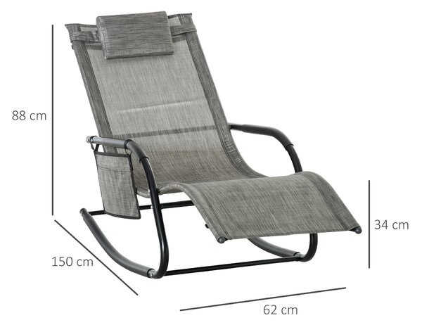 Outsunny 2Pcs Garden Rocking Chair, Patio Sun Lounger Rocker Chair w/ Breathable Mesh Fabric, Removable Headrest Pillow, Side Storage Bag, Dark Grey