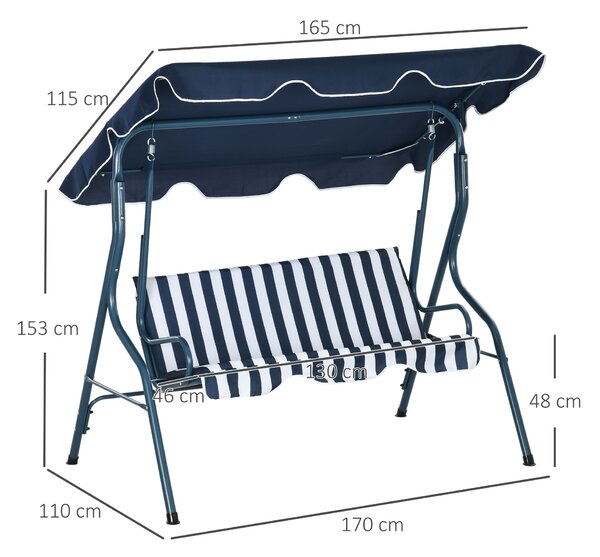 Outsunny Waterproof 3 Seater Garden Swing Seat Chair Outdoor Bench with Adjustable Canopy and Metal Frame, Blue Stripes Aosom UK