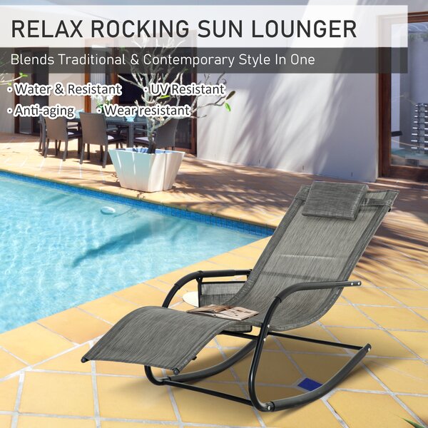 Outsunny 2Pcs Garden Rocking Chair, Patio Sun Lounger Rocker Chair w/ Breathable Mesh Fabric, Removable Headrest Pillow, Side Storage Bag, Dark Grey
