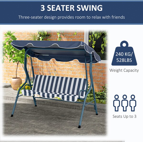 Outsunny Waterproof 3 Seater Garden Swing Seat Chair Outdoor Bench with Adjustable Canopy and Metal Frame, Blue Stripes Aosom UK