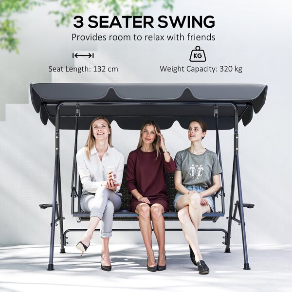 Outsunny 3 Seater Swing Chair, Garden Swing Seat Bench with Adjustable Canopy, Rattan Seat and Steel Frame for Patio, Yard, Grey