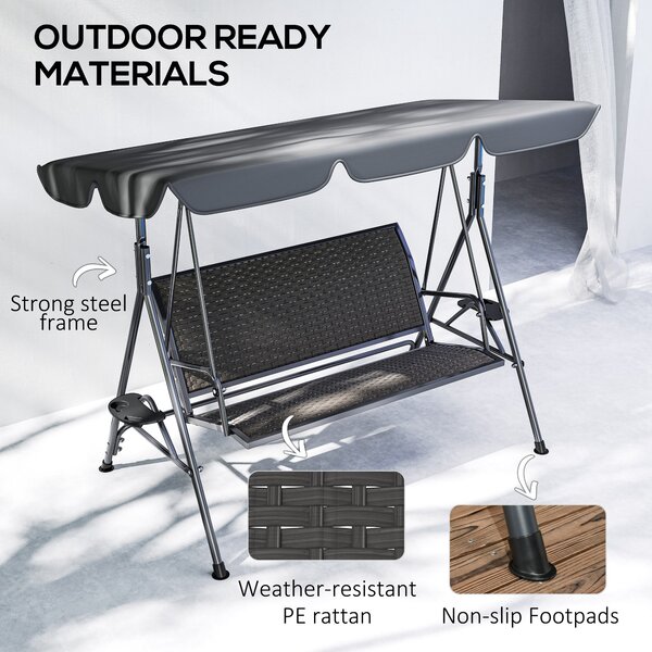 Outsunny 3 Seater Swing Chair, Garden Swing Seat Bench with Adjustable Canopy, Rattan Seat and Steel Frame for Patio, Yard, Grey