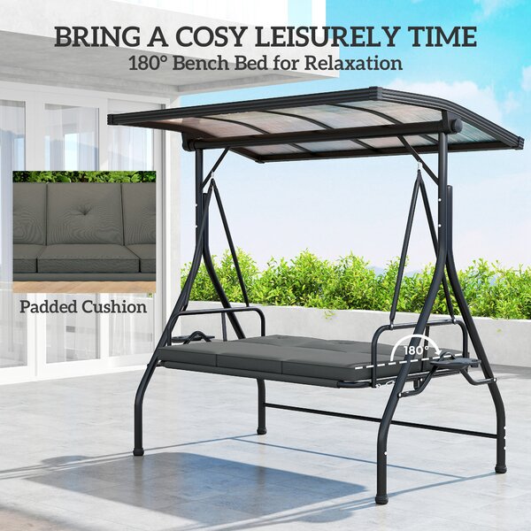 Outsunny 3 Seater Garden Swing Seat Bed with UPF30+ Adjustable Canopy, Convertible Swing Chair with Cushion, Outdoor Hammock Bench with Cup Trays for Balcony Patio, Dark Grey
