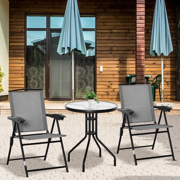 Outsunny 3 Piece Patio Furniture Bistro Set 2 Folding Chairs 1 Tempered Glass Table Adjustable Backrest - Grey