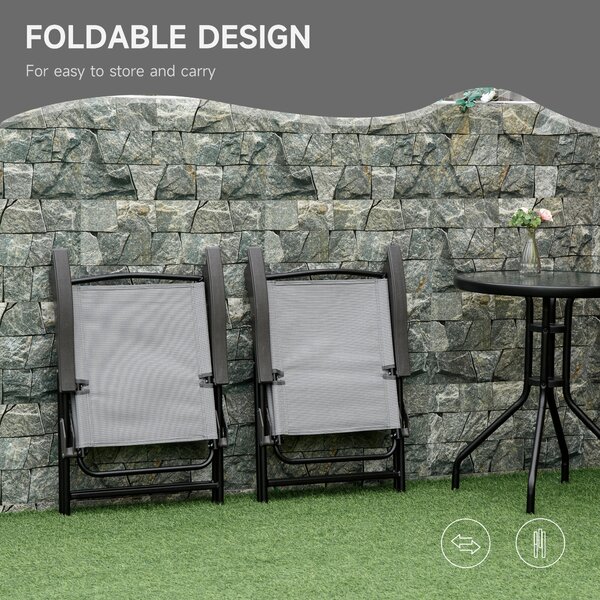 Outsunny 3 Piece Patio Furniture Bistro Set 2 Folding Chairs 1 Tempered Glass Table Adjustable Backrest - Grey