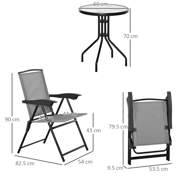 Outsunny 3 Piece Patio Furniture Bistro Set 2 Folding Chairs 1 Tempered Glass Table Adjustable Backrest - Grey