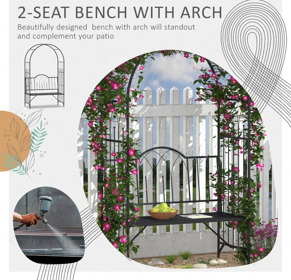 Outsunny Garden Metal Arch Bench Outdoor Patio Rose Trellis Arbour Pergola for Climbing Plant Antique Style 2-Seater Chair, Black Aosom UK