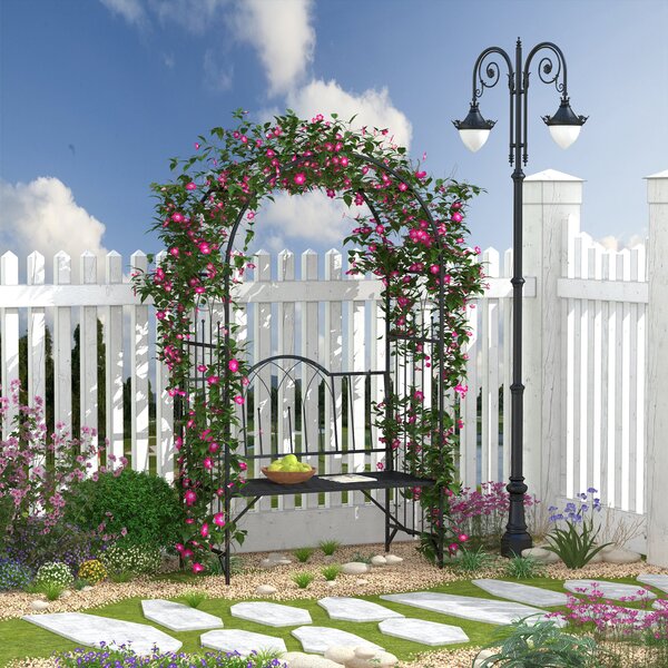 Outsunny Garden Metal Arch Bench Outdoor Patio Rose Trellis Arbour Pergola for Climbing Plant Antique Style 2-Seater Chair, Black Aosom UK