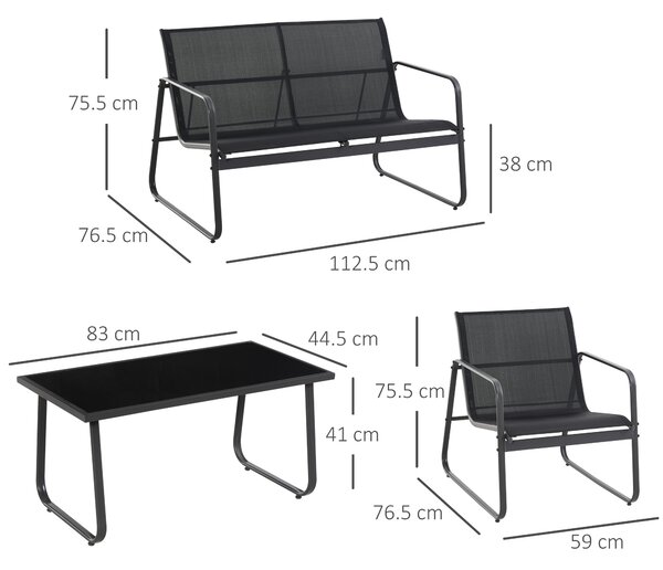 Outsunny 4 Piece Garden Furniture Set Outdoor Patio Sofa Set with Double Chair, Single Chairs and Glass Top Table for Terrace and Balcony, Black