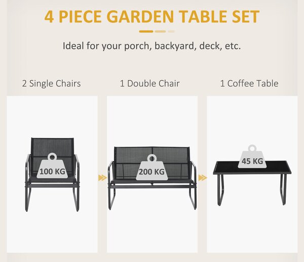 Outsunny 4 Piece Garden Furniture Set Outdoor Patio Sofa Set with Double Chair, Single Chairs and Glass Top Table for Terrace and Balcony, Black