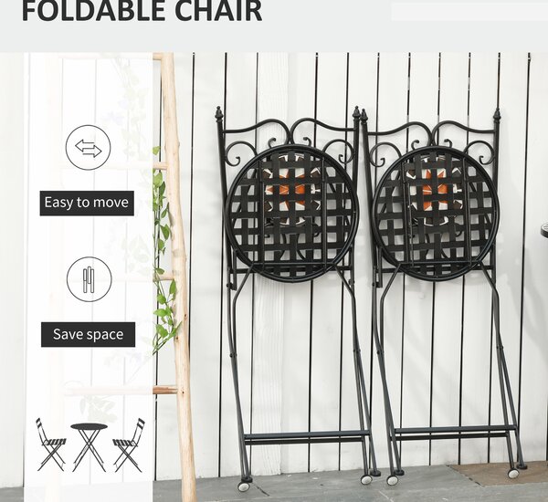 Outsunny 3 Pieces Garden Furniture Set, Bistro Set with 1 Ceramic Tile Round Table and 2 Foldable Chairs for Outdoor, Indoor, Patio, Balcony, Black