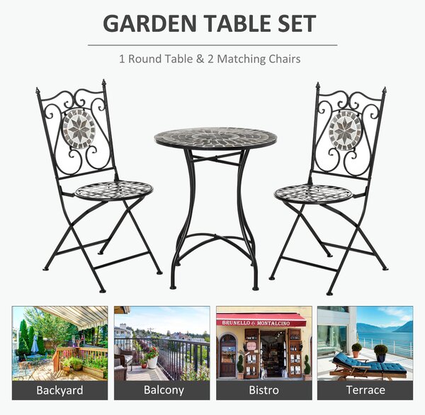 Outsunny 3 Pcs Mosaic Tile Garden Bistro Set Outdoor Seating w/ Table 2 Folding Chairs Set Metal Frame Elegant Scrolling Indoor Patio Balcony