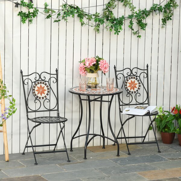 Outsunny 3 Pieces Garden Furniture Set, Bistro Set with 1 Ceramic Tile Round Table and 2 Foldable Chairs for Outdoor, Indoor, Patio, Balcony, Black