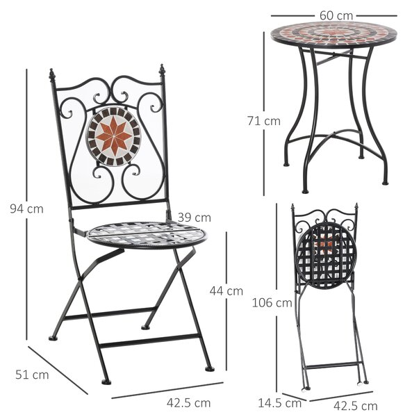 Outsunny 3 Pieces Garden Furniture Set, Bistro Set with 1 Ceramic Tile Round Table and 2 Foldable Chairs for Outdoor, Indoor, Patio, Balcony, Black