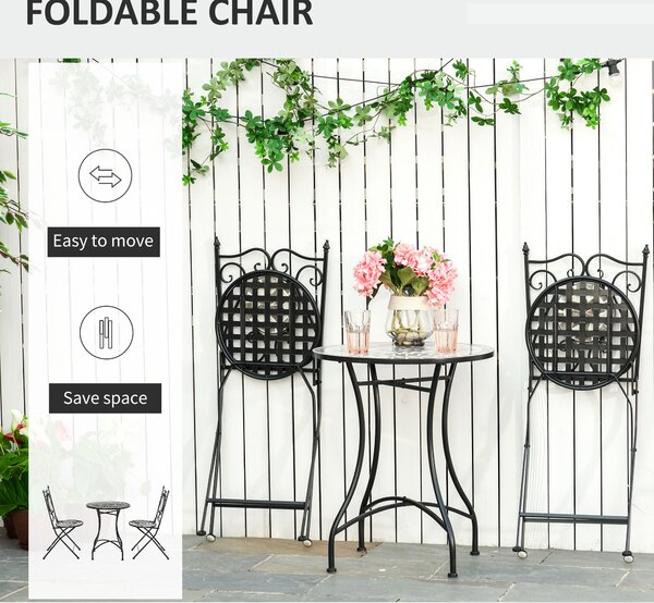 Outsunny 3 Pcs Mosaic Tile Garden Bistro Set Outdoor Seating w/ Table 2 Folding Chairs Set Metal Frame Elegant Scrolling Indoor Patio Balcony