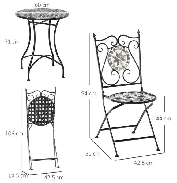 Outsunny 3 Pcs Mosaic Tile Garden Bistro Set Outdoor Seating w/ Table 2 Folding Chairs Set Metal Frame Elegant Scrolling Indoor Patio Balcony