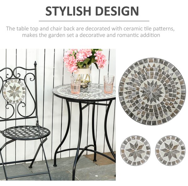 Outsunny 3 Pcs Mosaic Tile Garden Bistro Set Outdoor Seating w/ Table 2 Folding Chairs Set Metal Frame Elegant Scrolling Indoor Patio Balcony