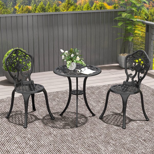 Outsunny 3 Piece Cast Aluminium Garden Bistro Set for 2 with Parasol Hole, Outdoor Coffee Table Set for Balcony, Patio, Black