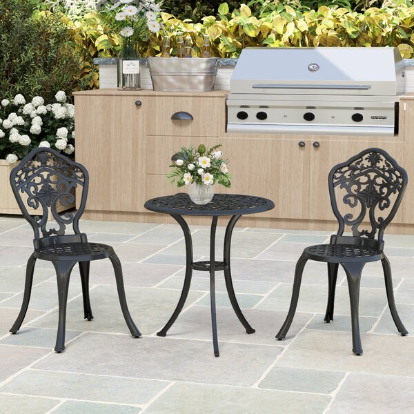 Outsunny 3 Piece Cast Aluminium Garden Bistro Set for 2 with Parasol Hole, Outdoor Coffee Table Set for Balcony, Patio, Black