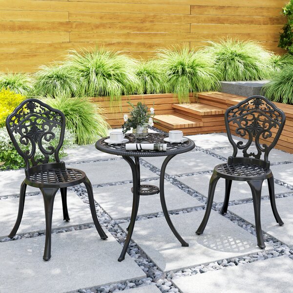 Outsunny 3 Piece Cast Aluminium Garden Bistro Set for 2 with Parasol Hole, Outdoor Coffee Table Set for Balcony, Patio, Black