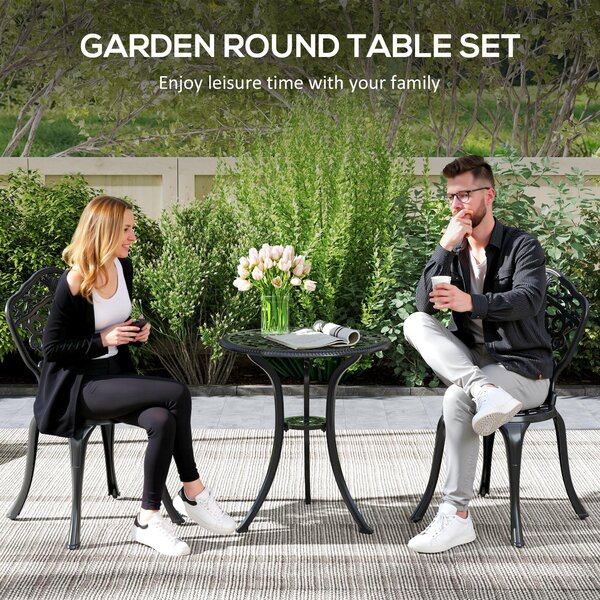 Outsunny 3 Piece Cast Aluminium Garden Bistro Set for 2 with Parasol Hole, Outdoor Coffee Table Set for Balcony, Patio, Black