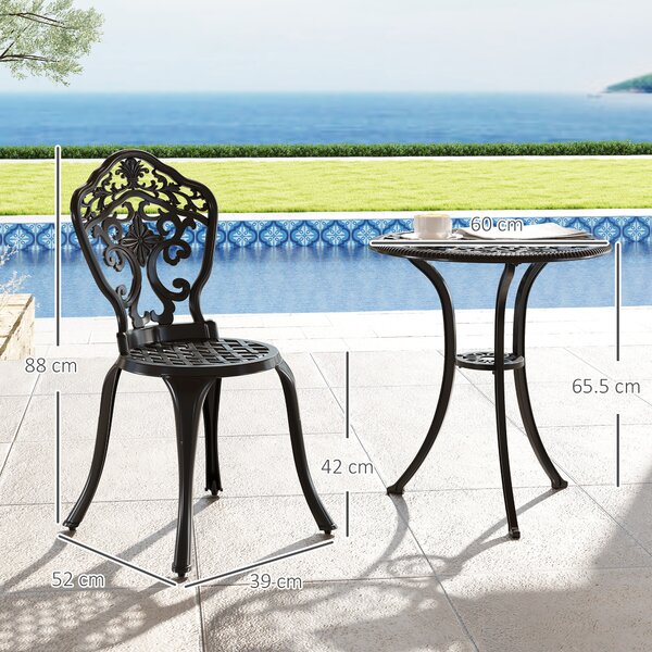 Outsunny 3 Piece Cast Aluminium Garden Bistro Set for 2 with Parasol Hole, Outdoor Coffee Table Set for Balcony, Patio, Black
