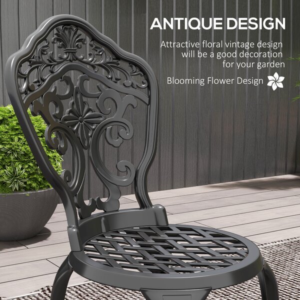 Outsunny 3 Piece Cast Aluminium Garden Bistro Set for 2 with Parasol Hole, Outdoor Coffee Table Set for Balcony, Patio, Black
