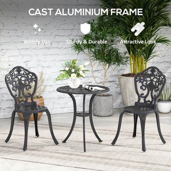 Outsunny 3 Piece Cast Aluminium Garden Bistro Set for 2 with Parasol Hole, Outdoor Coffee Table Set for Balcony, Patio, Black