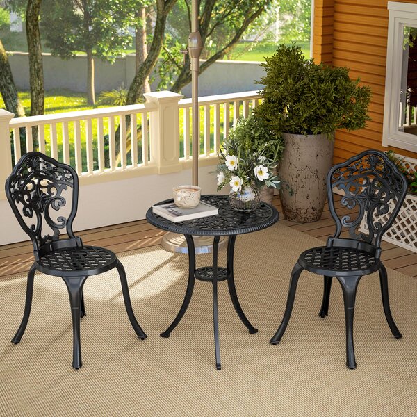 Outsunny 3 Piece Cast Aluminium Garden Bistro Set for 2 with Parasol Hole, Outdoor Coffee Table Set for Balcony, Patio, Black