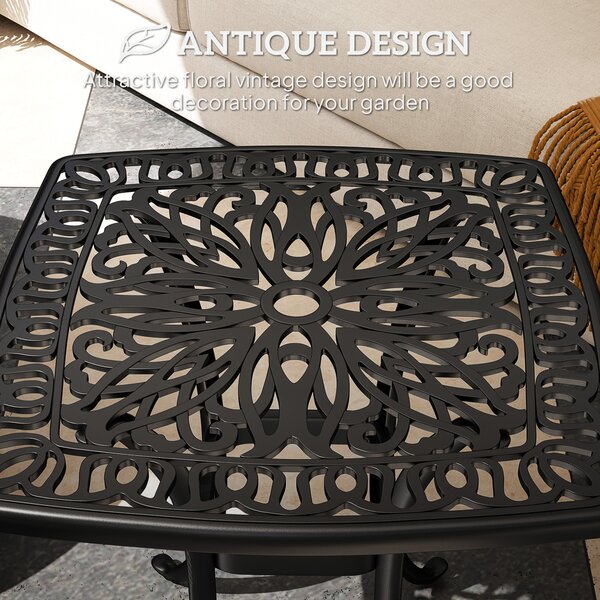 Outsunny Outdoor Garden Table with 38mm Dia. Umbrella Hole, Cast Aluminium Patio End Table with Anti-slip Foot Pads, 54 x 54cm, Black