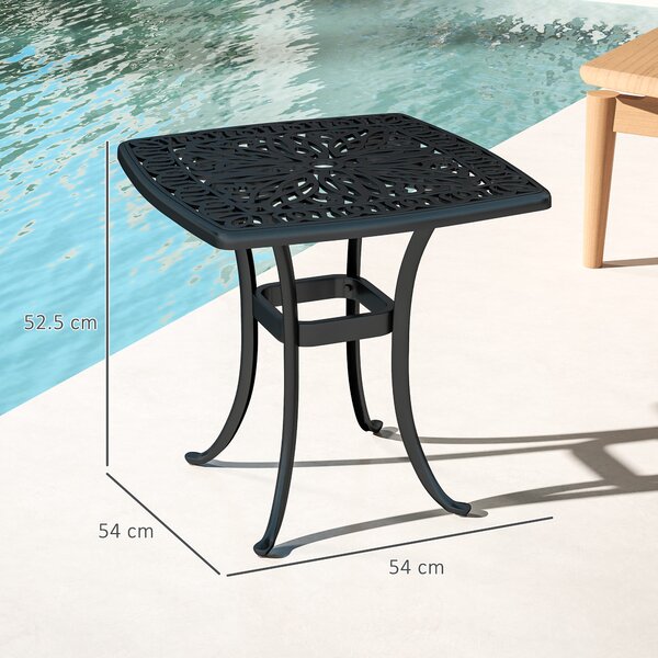 Outsunny Outdoor Garden Table with 38mm Dia. Umbrella Hole, Cast Aluminium Patio End Table with Anti-slip Foot Pads, 54 x 54cm, Black