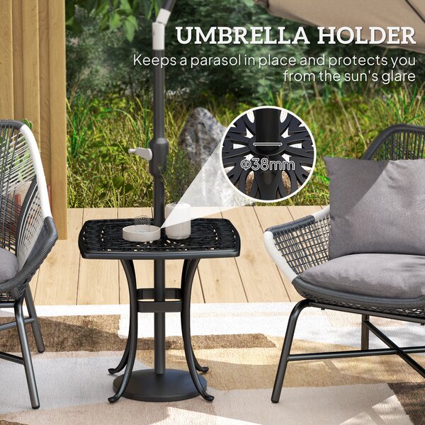 Outsunny Outdoor Garden Table with 38mm Dia. Umbrella Hole, Cast Aluminium Patio End Table with Anti-slip Foot Pads, 54 x 54cm, Black