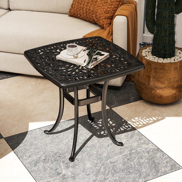 Outsunny Outdoor Garden Table with 38mm Dia. Umbrella Hole, Cast Aluminium Patio End Table with Anti-slip Foot Pads, 54 x 54cm, Black