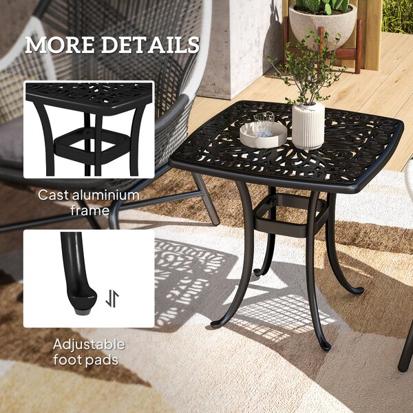 Outsunny Outdoor Garden Table with 38mm Dia. Umbrella Hole, Cast Aluminium Patio End Table with Anti-slip Foot Pads, 54 x 54cm, Black