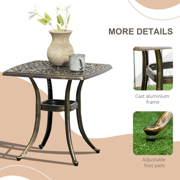 Outsunny Patio Side Table, Cast Aluminium, 38mm Umbrella Hole, 54x54cm, Outdoor Coffee Table, Bronze Aosom UK