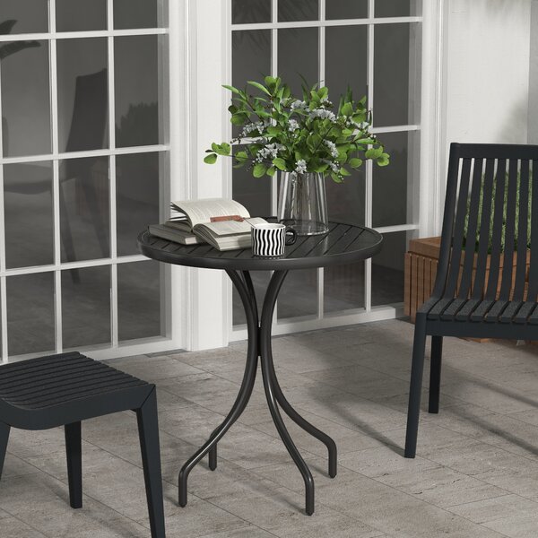 Outsunny Garden Side Table: 66cm Round Patio Accent with Metal Frame & Slatted Top, Jet Black Aosom UK