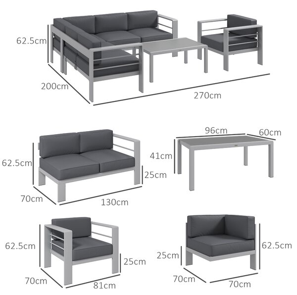 Outsunny Five-Piece Aluminium Garden Sofa Set, with Glass-Top Table - Grey Aosom UK