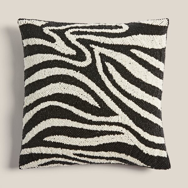 Beaded Zebra Patterned Square Cushion