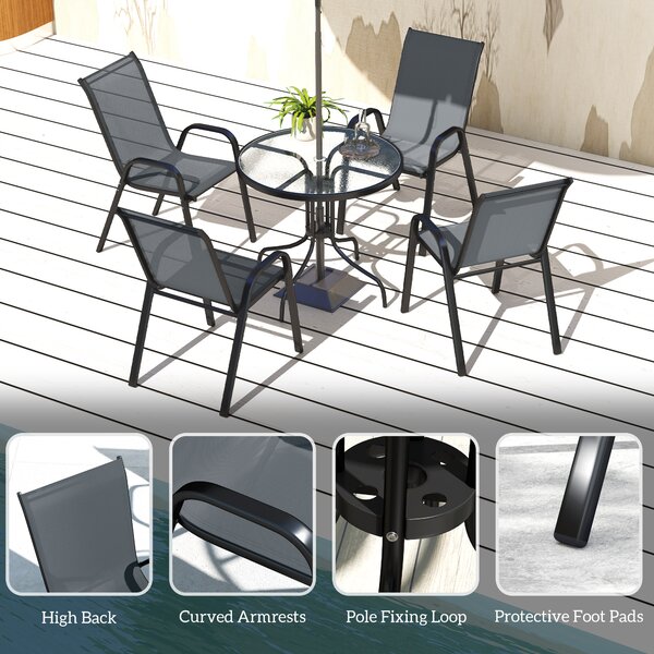 Outsunny 5 Piece Steel Patio Set with Glass Top Table, Outdoor Garden Dining Set with 4 Chairs, Weather Resistant Furniture, Dark Grey Aosom UK