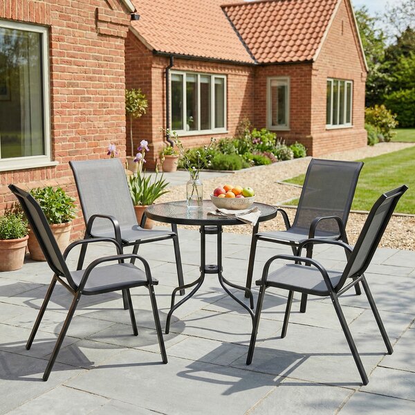Outsunny 5 Piece Steel Patio Set with Glass Top Table, Outdoor Garden Dining Set with 4 Chairs, Weather Resistant Furniture, Dark Grey Aosom UK
