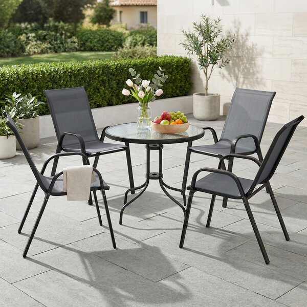Outsunny 5 Piece Steel Patio Set with Glass Top Table, Outdoor Garden Dining Set with 4 Chairs, Weather Resistant Furniture, Dark Grey Aosom UK