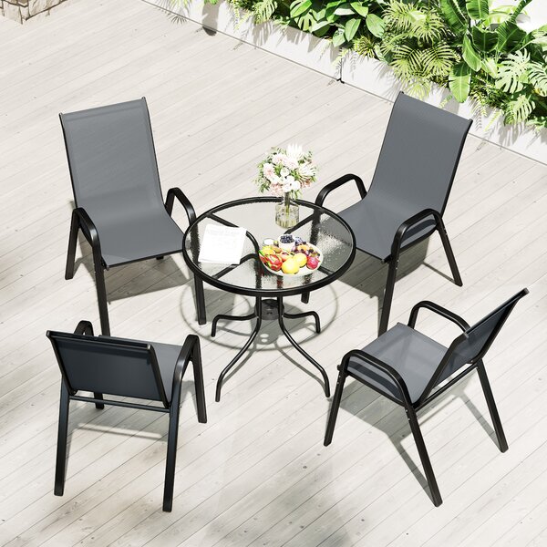 Outsunny 5 Piece Steel Patio Set with Glass Top Table, Outdoor Garden Dining Set with 4 Chairs, Weather Resistant Furniture, Dark Grey Aosom UK