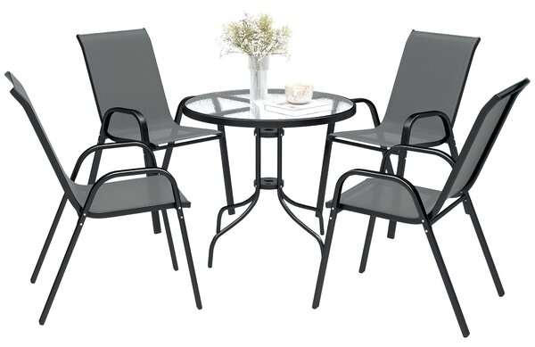 Outsunny 5 Piece Steel Patio Set with Glass Top Table, Outdoor Garden Dining Set with 4 Chairs, Weather Resistant Furniture, Dark Grey Aosom UK