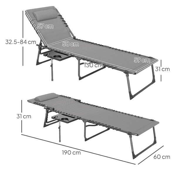 Outsunny Folding Sun Lounger with Side Table, 5-Level Adjustable Reclining Sun Lounger Chair, Portable Garden Recliner Sunbed with Side Pocket, Head Pillow for Patio, Beach, Grey