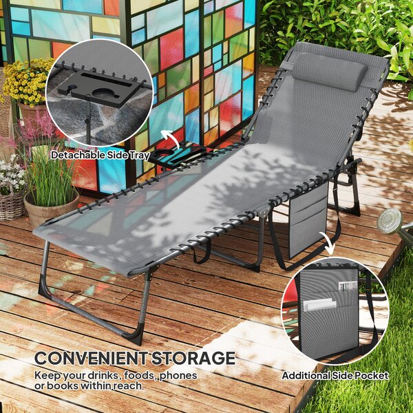 Outsunny Folding Sun Lounger with Side Table, 5-Level Adjustable Reclining Sun Lounger Chair, Portable Garden Recliner Sunbed with Side Pocket, Head Pillow for Patio, Beach, Grey
