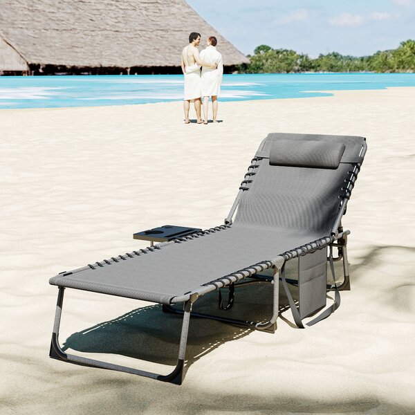 Outsunny Folding Sun Lounger with Side Table, 5-Level Adjustable Reclining Sun Lounger Chair, Portable Garden Recliner Sunbed with Side Pocket, Head Pillow for Patio, Beach, Grey