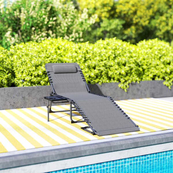 Outsunny Folding Sun Lounger with Side Table, 5-Level Adjustable Reclining Sun Lounger Chair, Portable Garden Recliner Sunbed with Side Pocket, Head Pillow for Patio, Beach, Grey