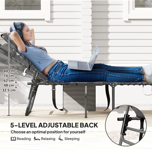 Outsunny Folding Sun Lounger with Side Table, 5-Level Adjustable Reclining Sun Lounger Chair, Portable Garden Recliner Sunbed with Side Pocket, Head Pillow for Patio, Beach, Grey