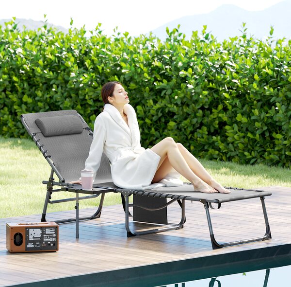 Outsunny Folding Sun Lounger with Side Table, 5-Level Adjustable Reclining Sun Lounger Chair, Portable Garden Recliner Sunbed with Side Pocket, Head Pillow for Patio, Beach, Grey