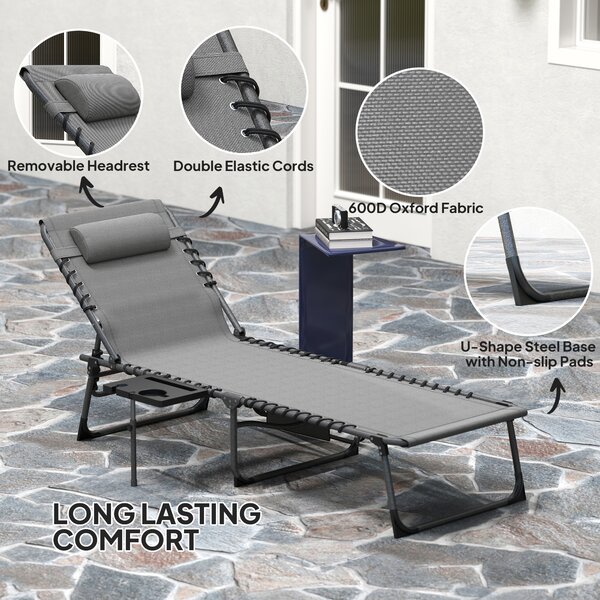 Outsunny Folding Sun Lounger with Side Table, 5-Level Adjustable Reclining Sun Lounger Chair, Portable Garden Recliner Sunbed with Side Pocket, Head Pillow for Patio, Beach, Grey